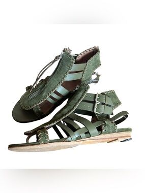 IRO Leather Suede Gladiator Flat Sandals Olive Green Whipstitch Sz 37 US 7 Zip